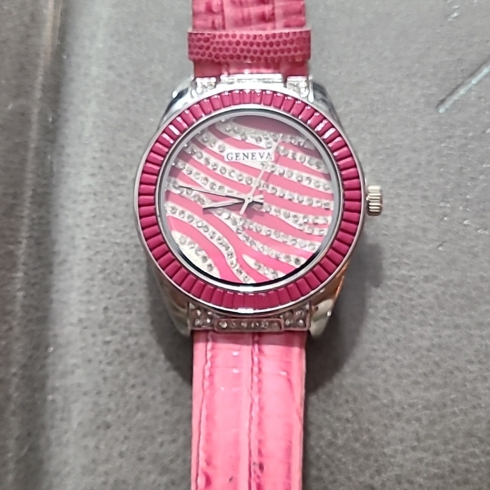Geneva Pink genuine leather bling fashion watch